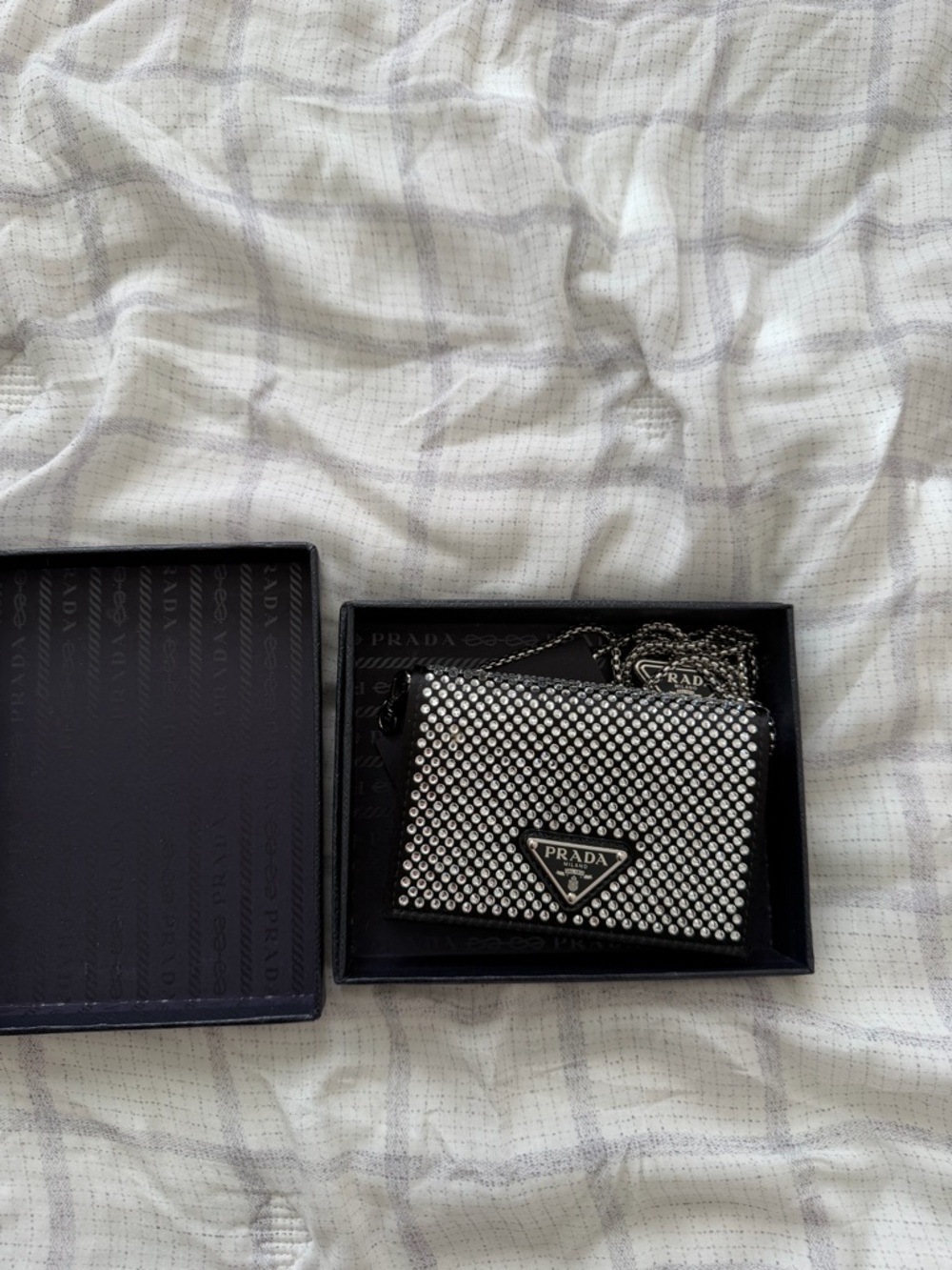 Prada Silver Crystal Card Holder with Chain and Logo Plaque
